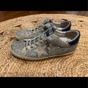 Golden Goose Silver and Blue Distressed Sneakers